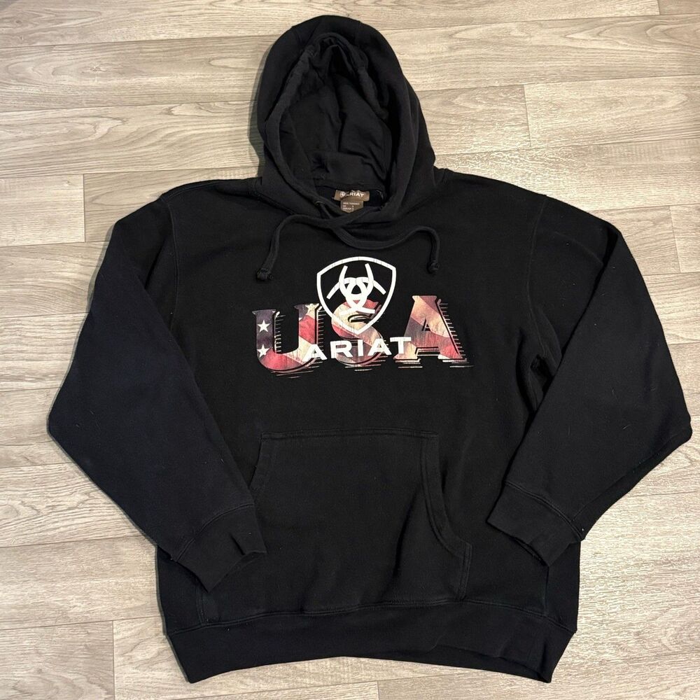 Ariat Hoodie Mens Small S Black USA Flag Outdoor Western Workwear Pullover